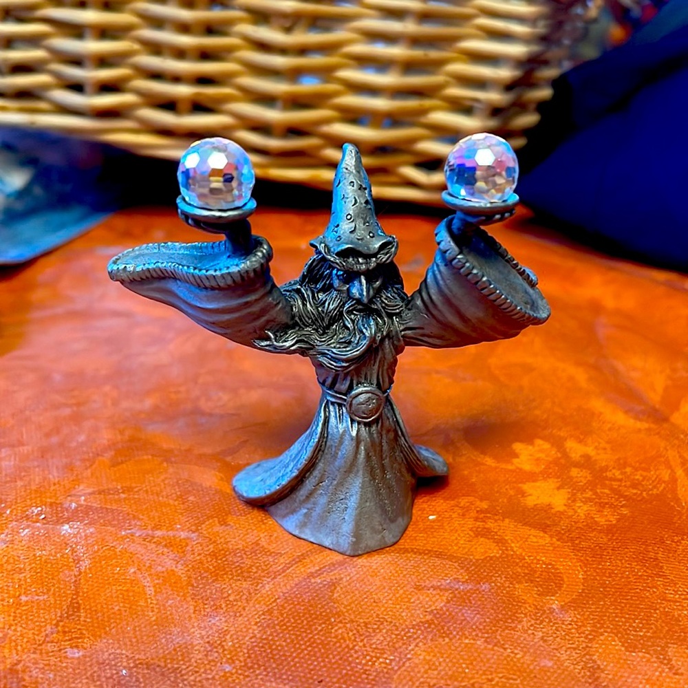 Vintage pewter Wizard with crystal balls